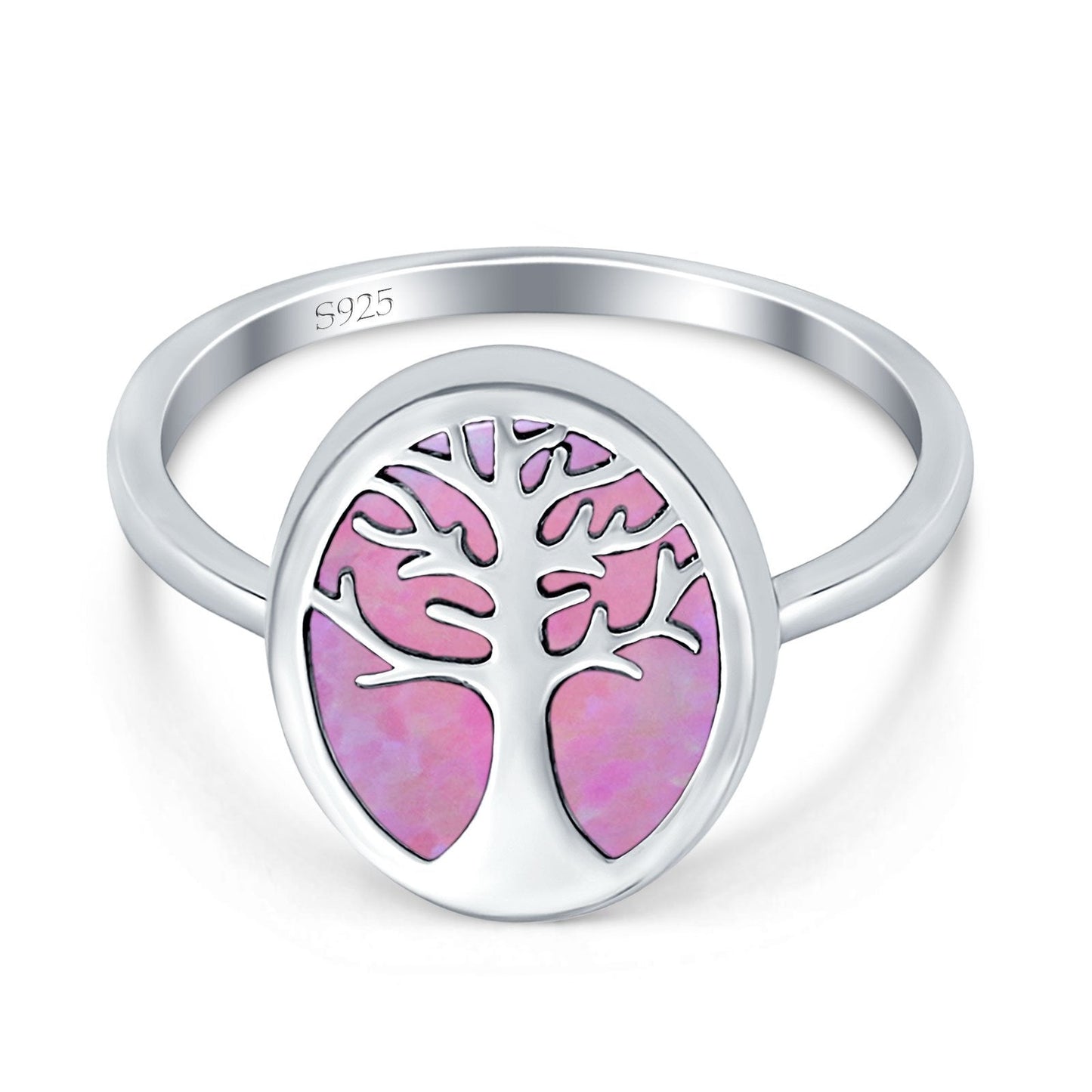 Oval Lab Created Pink Opal Tree Of Life Ring