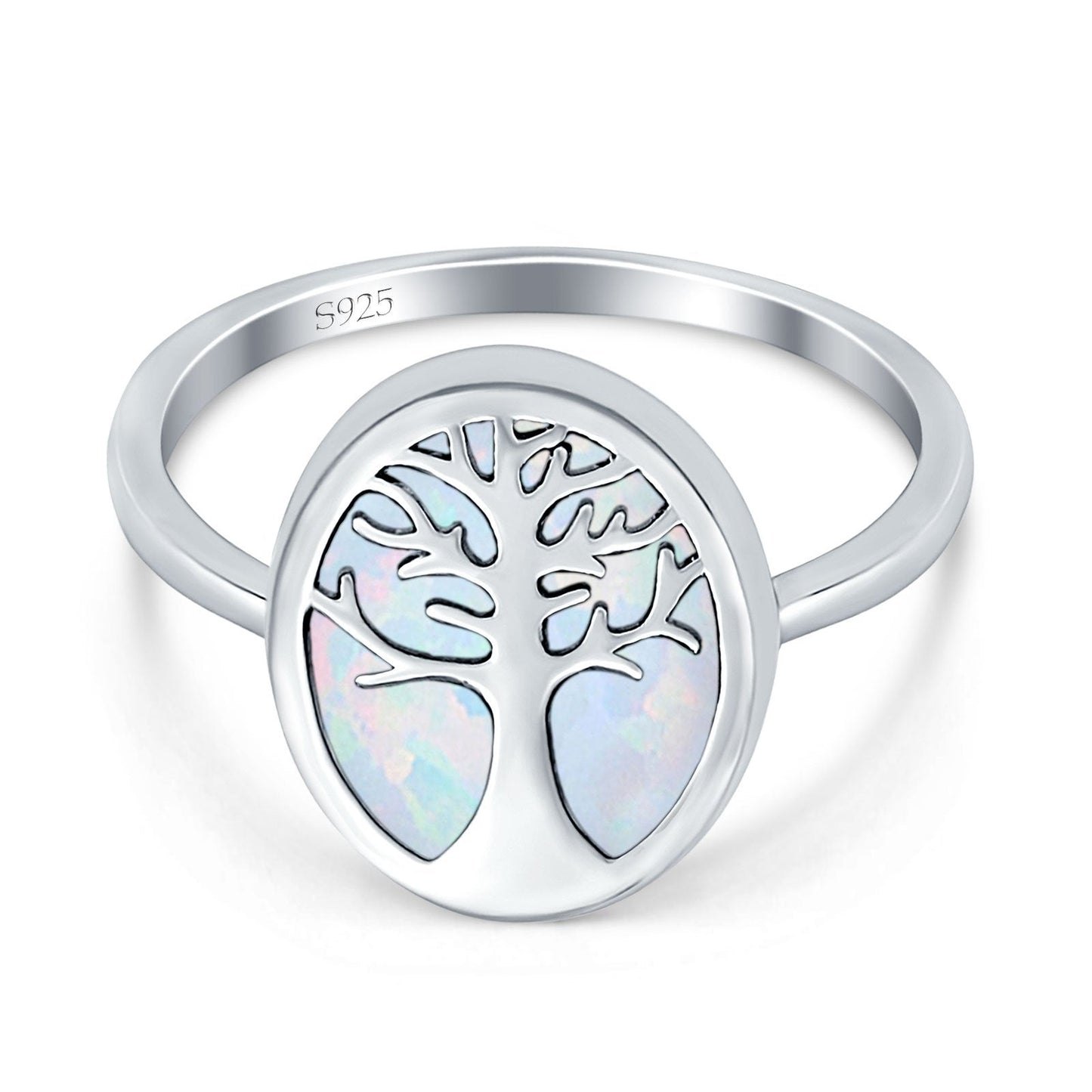 Oval Lab Created White Opal Tree Of Life Ring