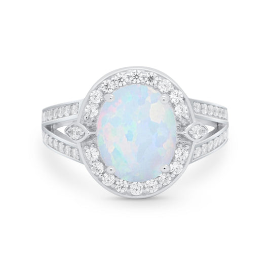 Art Deco Split Shank Lab Created White Opal Engagement Bridal Ring