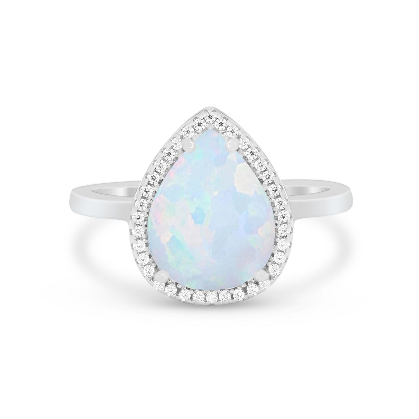 Halo Teardrop Pear Round Lab Created White Opal Wedding Ring