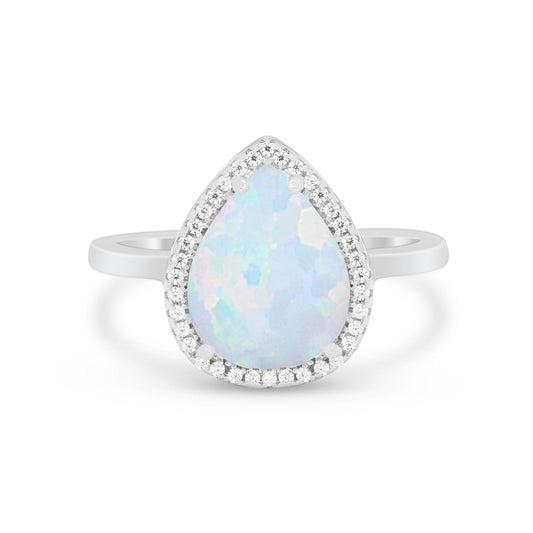 Halo Teardrop Pear Round Lab Created White Opal Wedding Ring