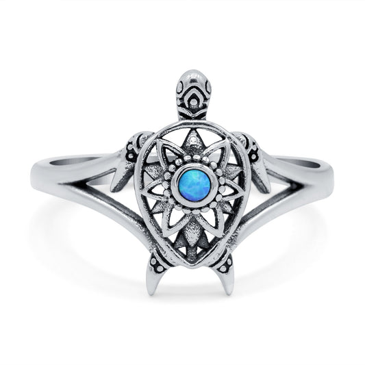 Turtle Ring Band Lab Created Blue Opal(13mm)