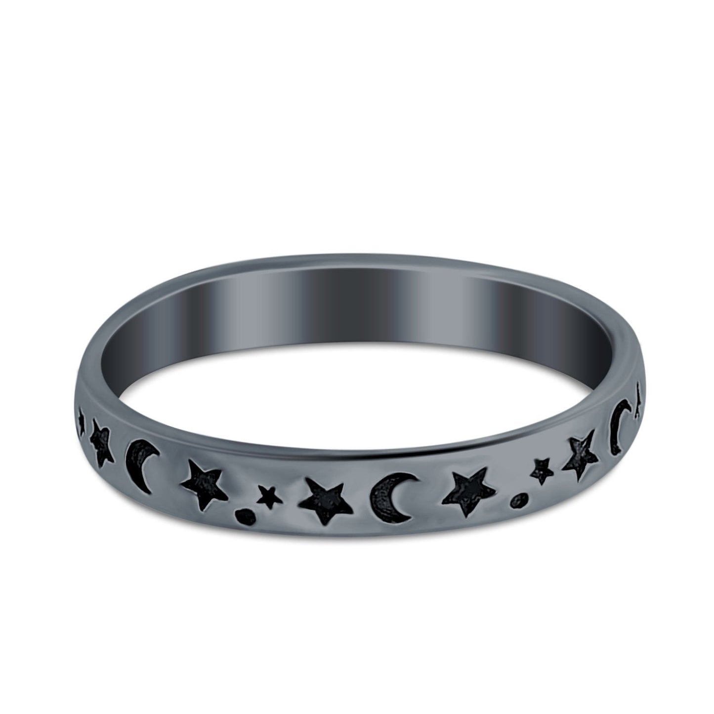 Stars Moon Plain Ring Band Solid Black Tone Round