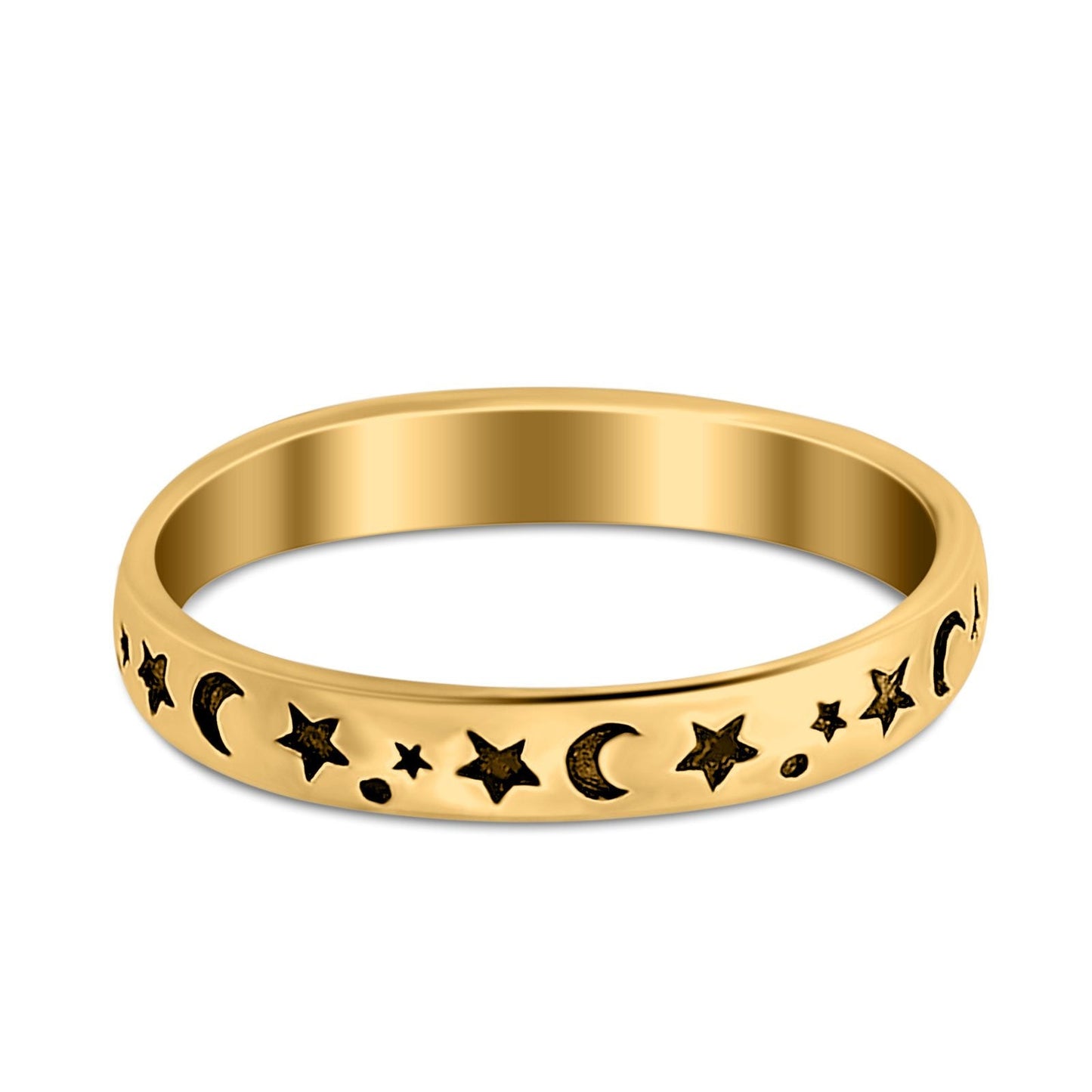 Stars Moon Plain Ring Band Yellow Tone