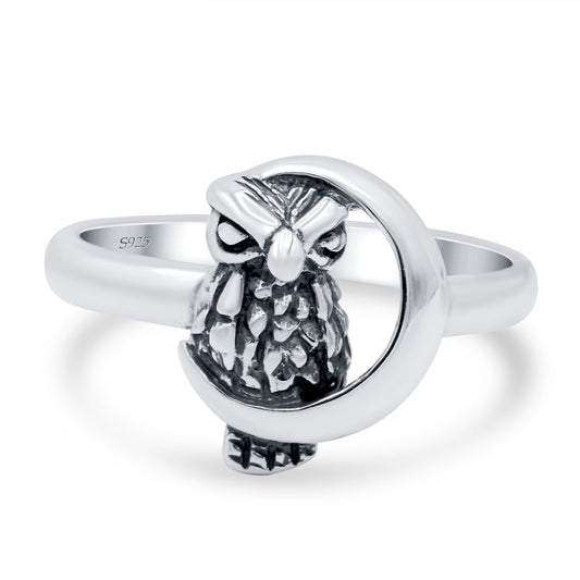 Moon and Owl Oxidized Band Thumb Ring (13mm)