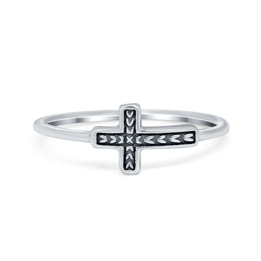 Textured Sideways Cross Band Petite Dainty Oxidized Plain Ring