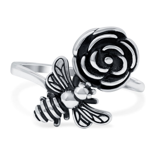 Bee & Flower Ring Oxidized Band