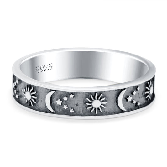 Sun, Moon, and Stars Oxidized Band Thumb Ring (5mm)