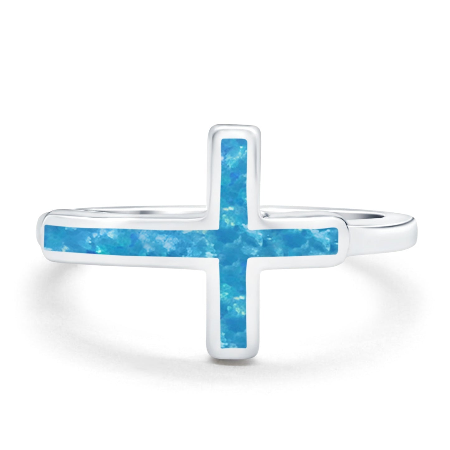 Sideways Cross Rhodium Plated Band Lab Created Blue Opal Ring