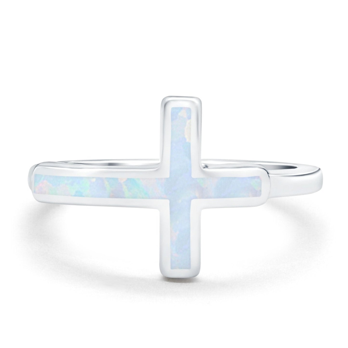 Sideways Cross Ring Rhodium Plated Band Lab Created White Opal (12mm)