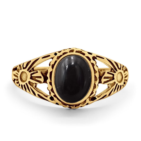 Antique Vintage Oval Yellow Tone, Simulated Black Onyx Ring