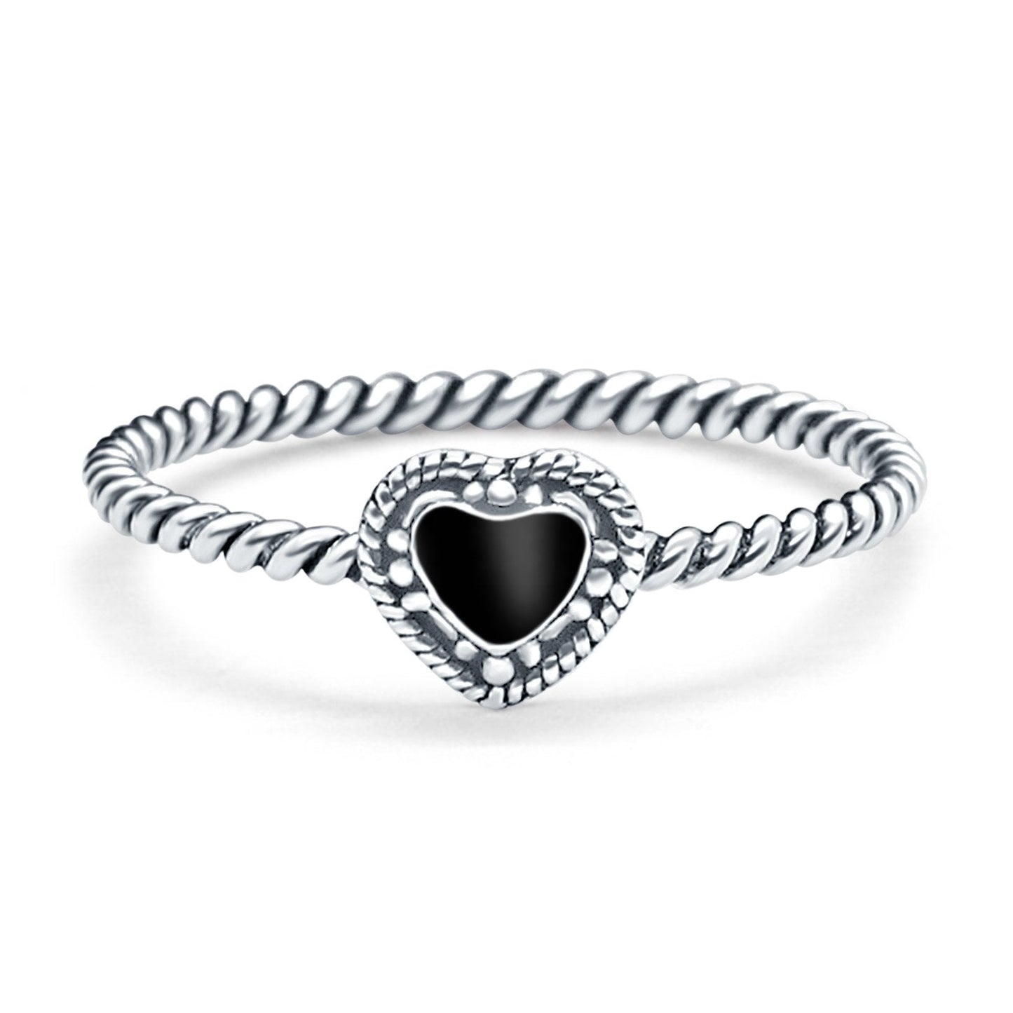 Petite Dainty Heart Promise Ring Band Simulated Black Onyx Oxidized Braided