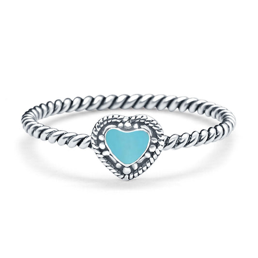 Petite Dainty Heart Promise Ring Band Simulated Turquoise Oxidized Braided