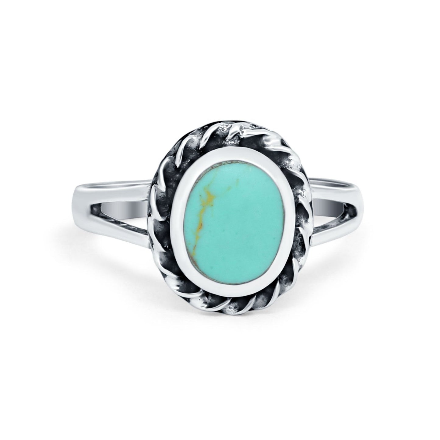 Oval Simulated Turquoise CZ Split Shank Braided Round Ring