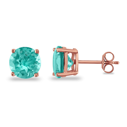 Butterfly Prong Round Casting Rose Tone, Simulated Paraiba Tourmlaline CZ Stud Earrings