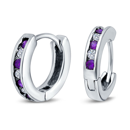 Eternity Huggie Hoop Earrings Channel Round Simulated Amethyst Cubic Zirconia