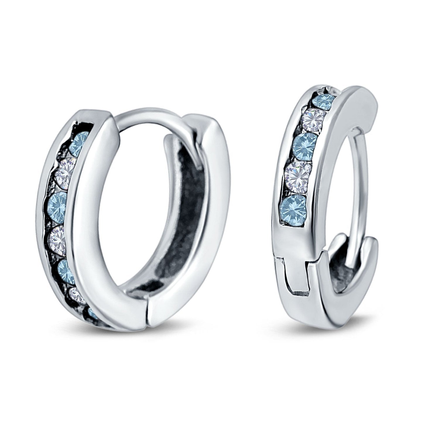 Eternity Huggie Hoop Earrings Channel Round Simulated Aquamarine Cubic Zirconia