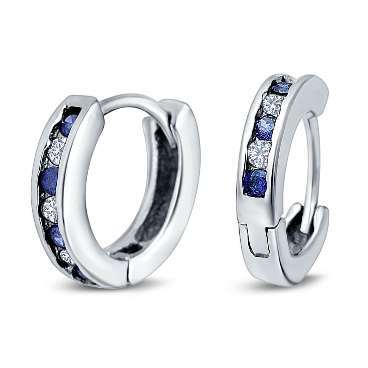 Eternity Huggie Hoop Earrings Channel Round Simulated Blue Sapphire Cubic Zirconia