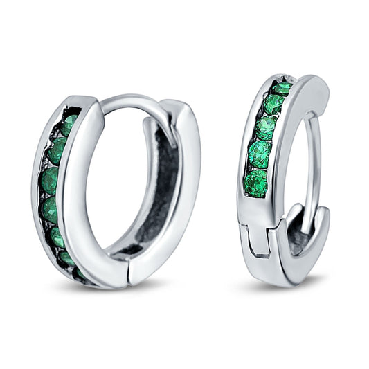 Eternity Huggie Hoop Earrings Channel Round Simulated Green Emerald CZ