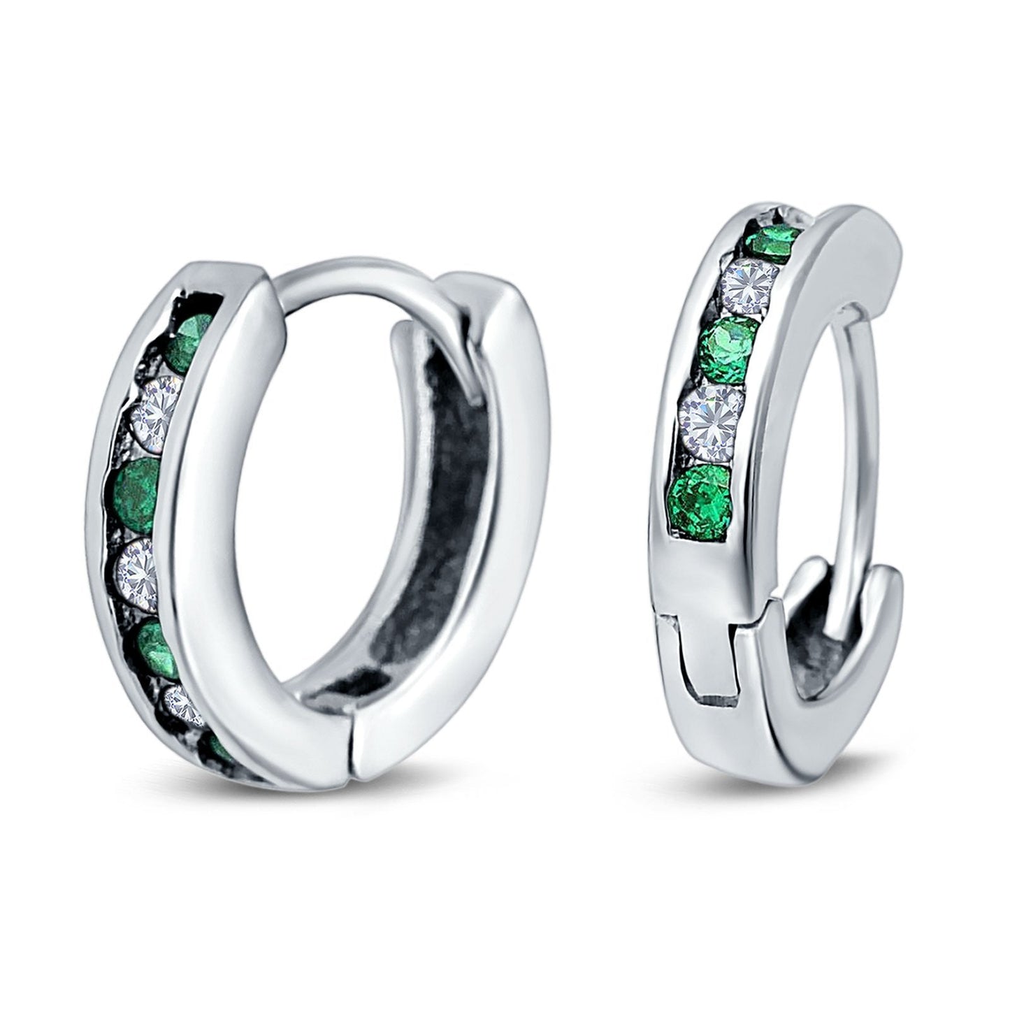 Eternity Huggie Hoop Earrings Channel Round Simulated Green Emerald Cubic Zirconiar