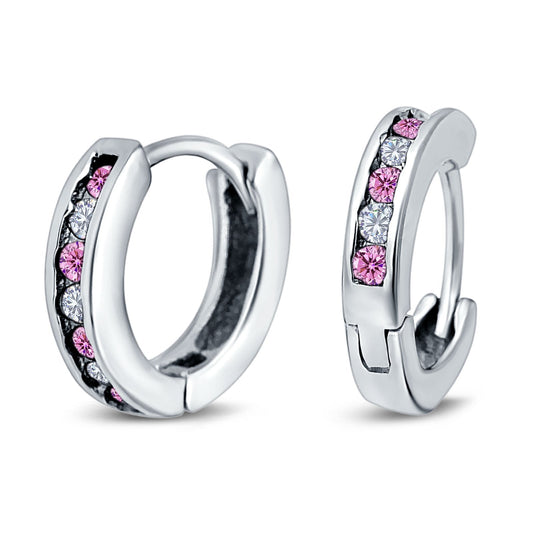 Eternity Huggie Hoop Earrings Channel Round Simulated Pink Cubic Zirconia