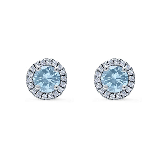 Wedding Stud Earrings Simulated Aquamarine CZ Round