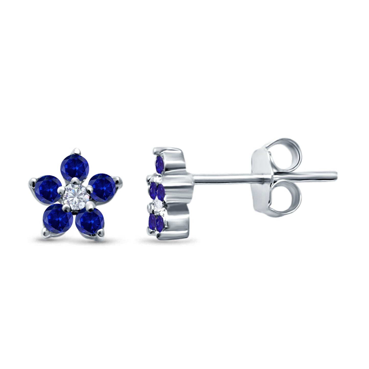 Cluster Flower Round Simulated Blue Sapphire CZ Stud Earrings