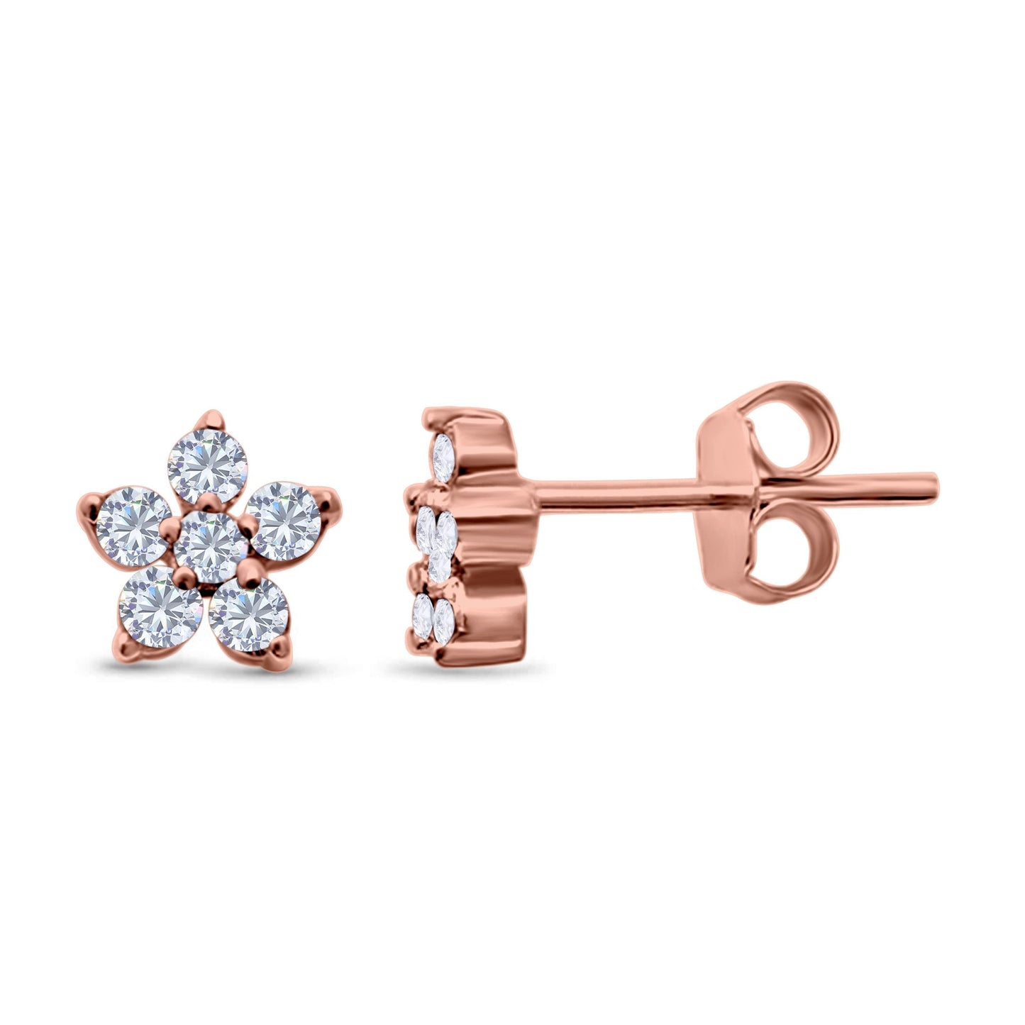 Cluster Flower Round Rose Tone, Simulated CZ Stud Earrings