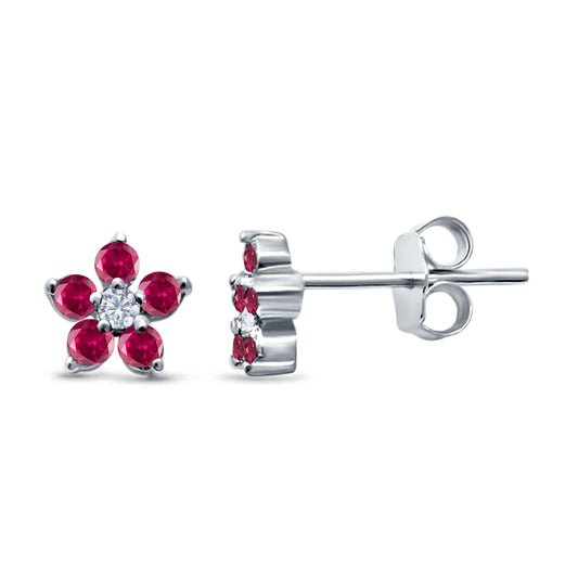 Cluster Flower Round Simulated Ruby CZ Stud Earrings