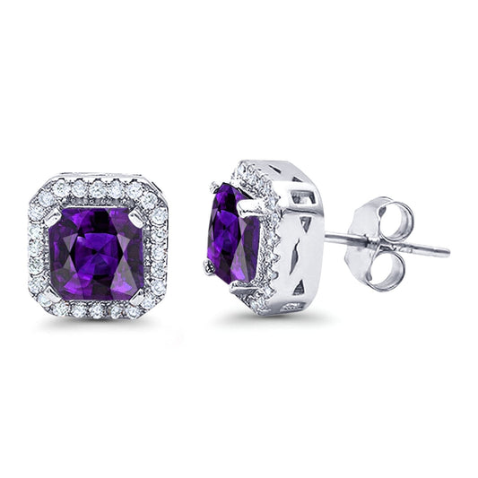 Halo Stud Earrings Wedding Princess Cut Simulated Amethyst CZ