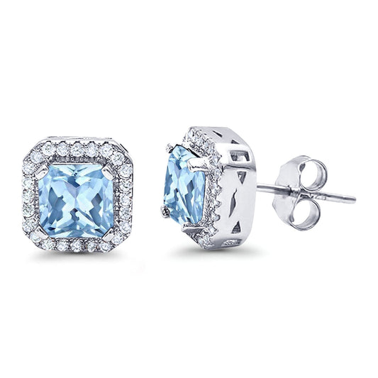 Halo Stud Earrings Wedding Princess Cut Simulated Aquamarine CZ