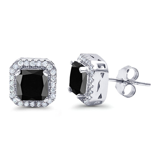 Halo Stud Earrings Wedding Princess Cut Simulated Black CZ