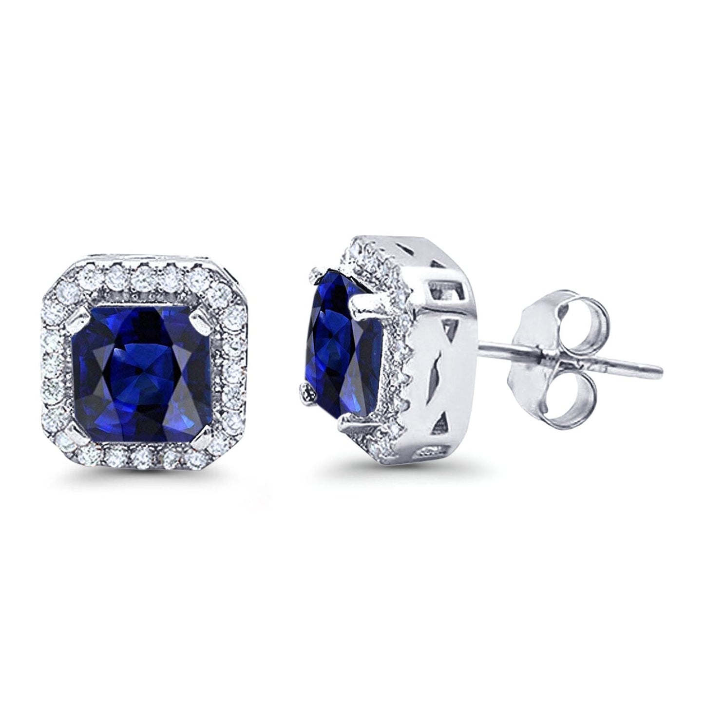 Halo Stud Earrings Wedding Princess Cut Simulated Blue Sapphire CZ