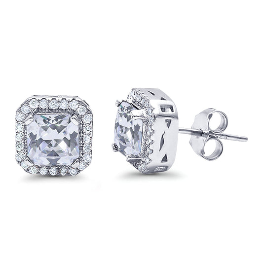 Halo Stud Earrings Wedding Princess Cut Simulated CZ