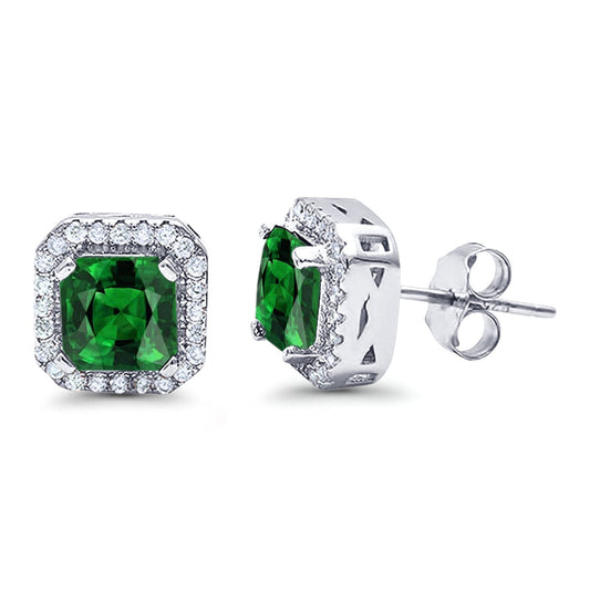 Halo Stud Earrings Wedding Princess Cut Simulated Green Emerald CZ