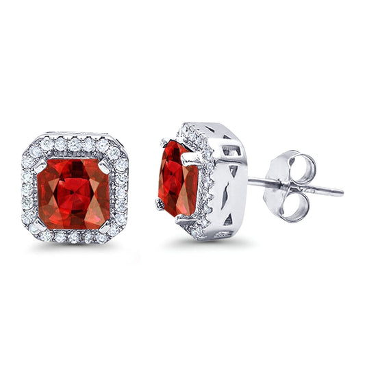 Halo Stud Earrings Wedding Princess Cut Simulated Garnet CZ