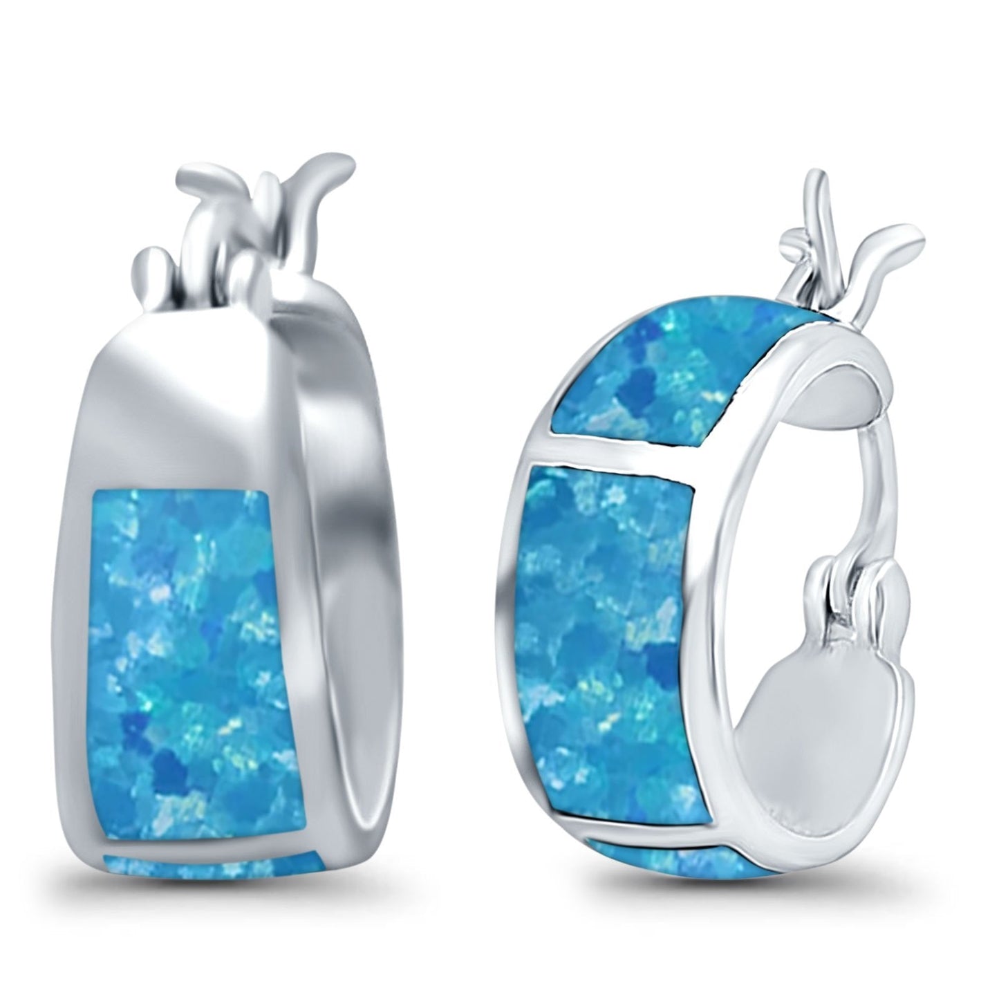 Hoop Huggies Earrings Irregular Shape Lab Created Blue Opal