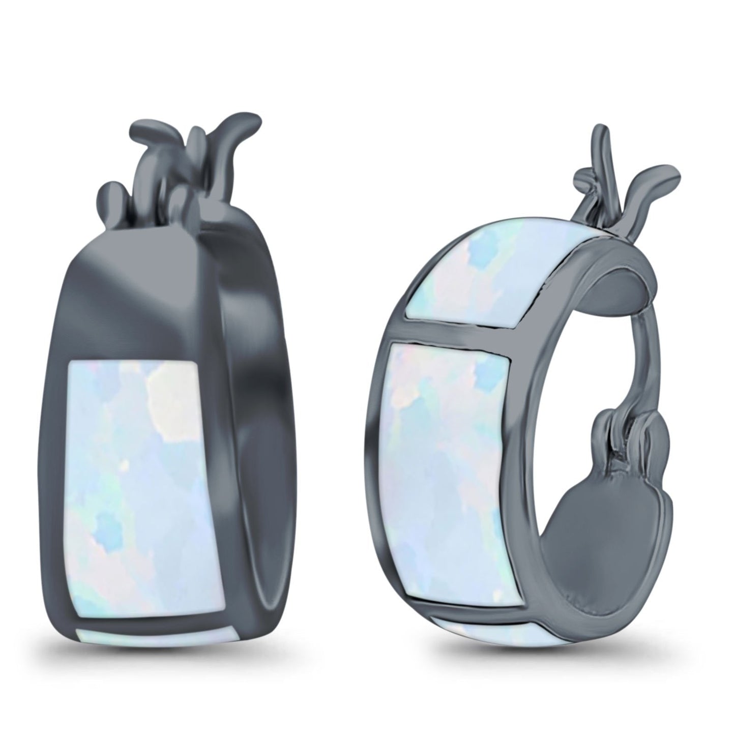 Hoop Huggies Earrings Irregular Shape Black Tone, Lab Created White Opal