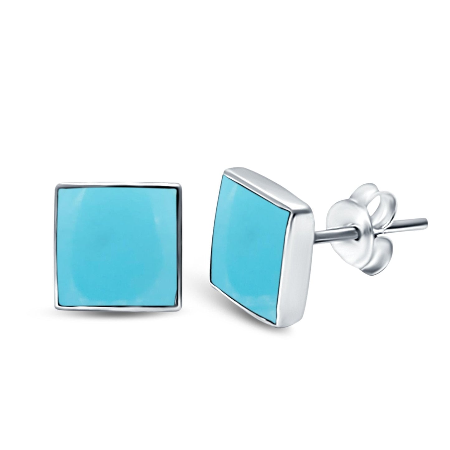 Square Shape Stud Post Tiny Earring Solid Simulated Turquoise (6mm-8mm)