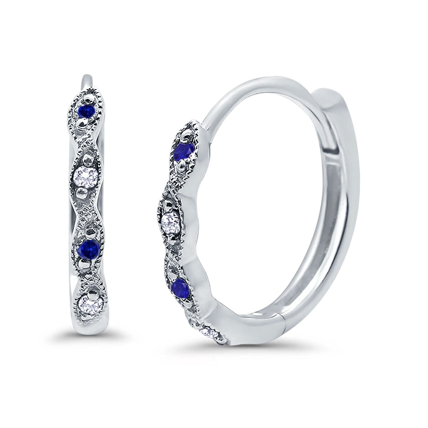 Huggie Hoop Earrings Round Simulated Blue Sapphire CZ (14mm)