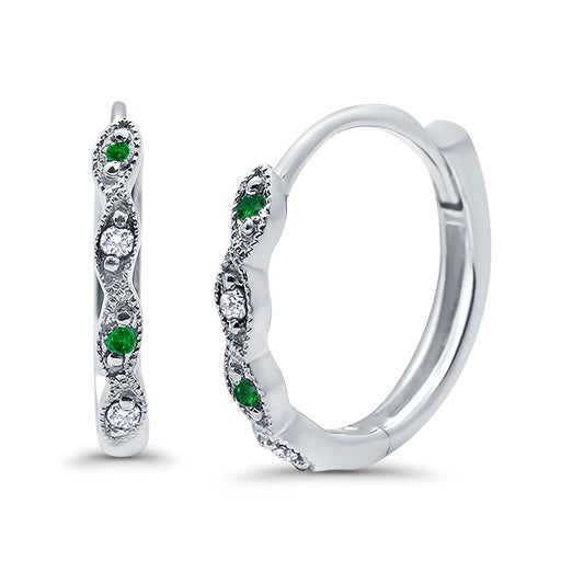 Huggie Hoop Earrings Round Simulated Green Emerald CZ (14mm)