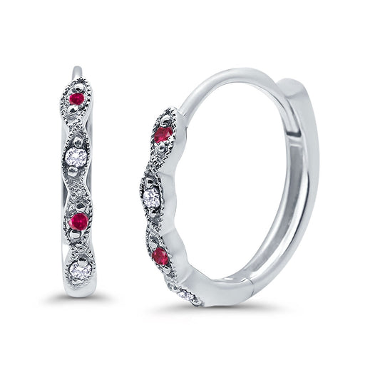 Huggie Hoop Earrings Round Simulated Ruby CZ (14mm)