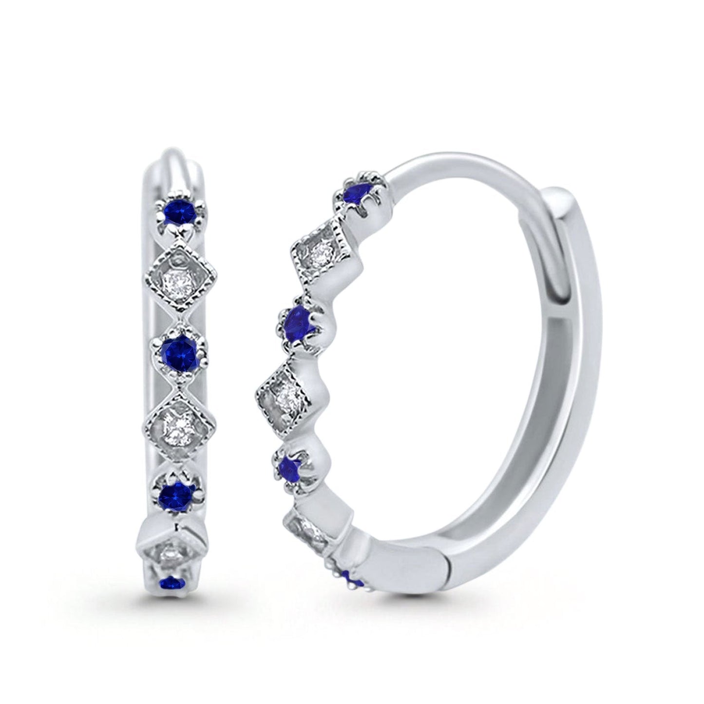 Art Deco Huggie Hoop Earrings Round Simulated Blue Sapphire CZ  (18mm)