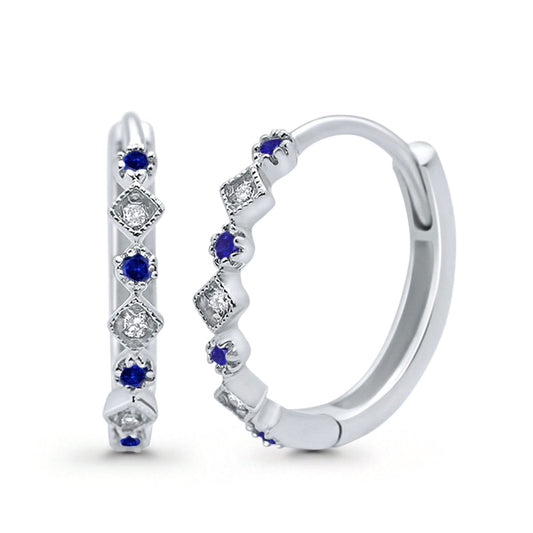 Art Deco Huggie Hoop Earrings Round Simulated Blue Sapphire CZ  (18mm)