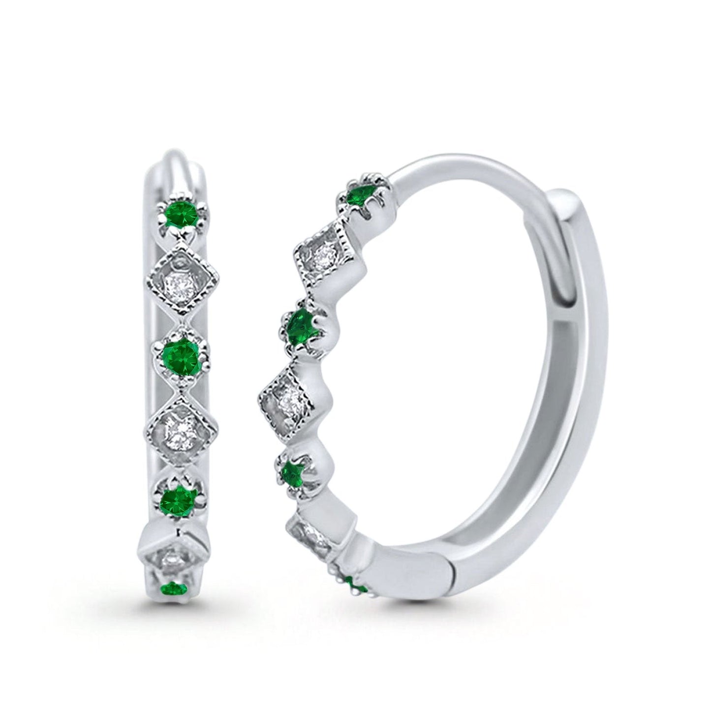 Art Deco Huggie Hoop Earrings Round Simulated Green Emerald CZ (18mm)