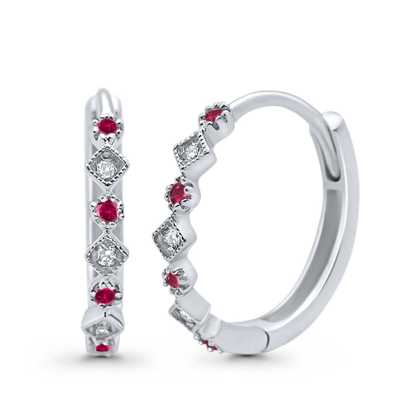 Art Deco Huggie Hoop Earrings Round Simulated Ruby CZ (18mm)