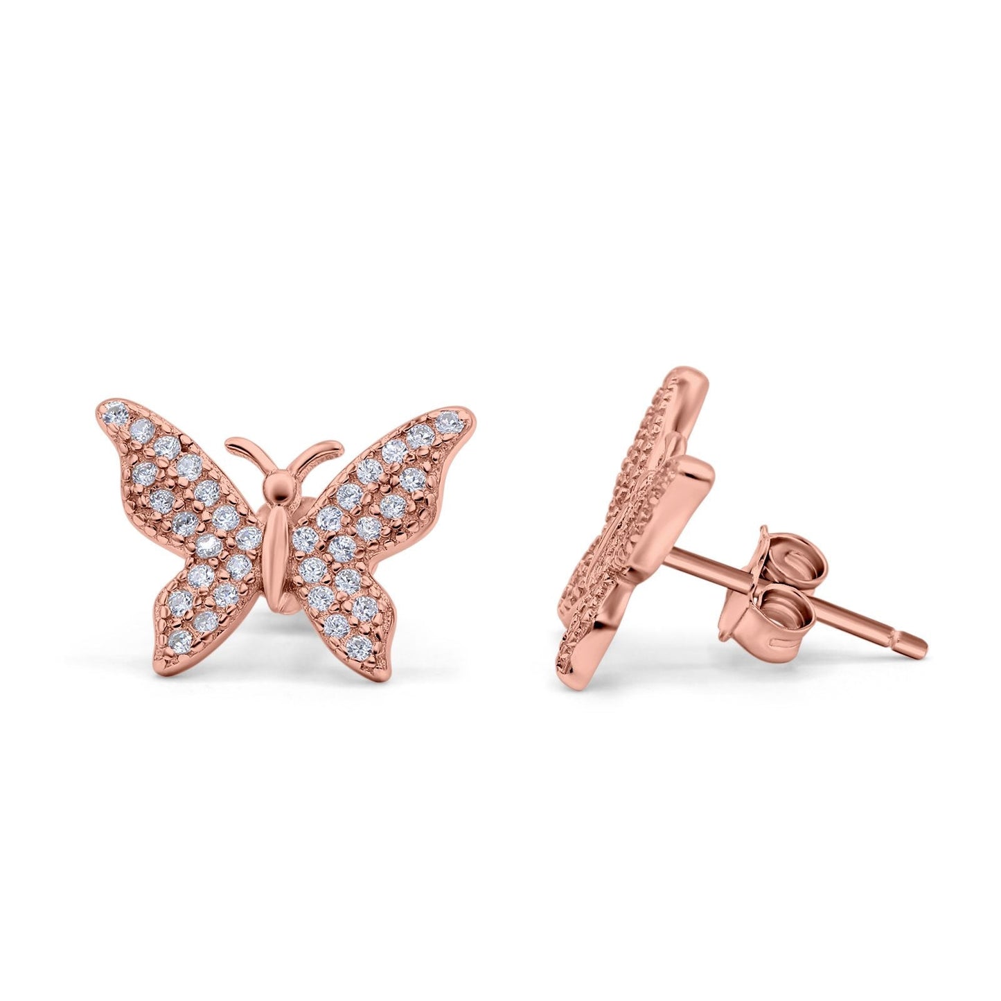 Butterfly Stud Earrings Rose Tone, Simulated CZ (14mm)