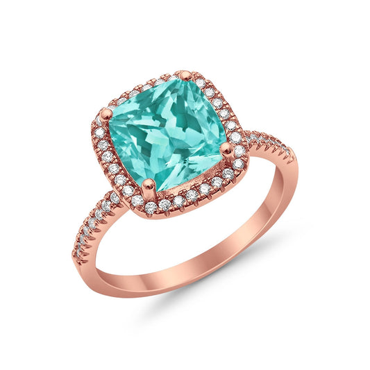 Halo Engagement Ring Accent Cushion Rose Tone, Simulated Paraiba Tourmaline CZ