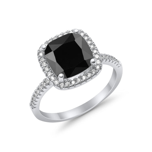 Halo Engagement Ring Accent Cushion Simulated Black Cubic Zirconia