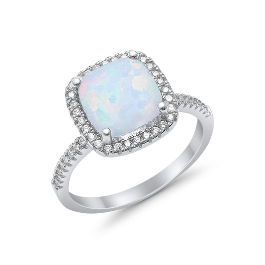 Halo Cushion Lab Created White Opal Engagement Ring